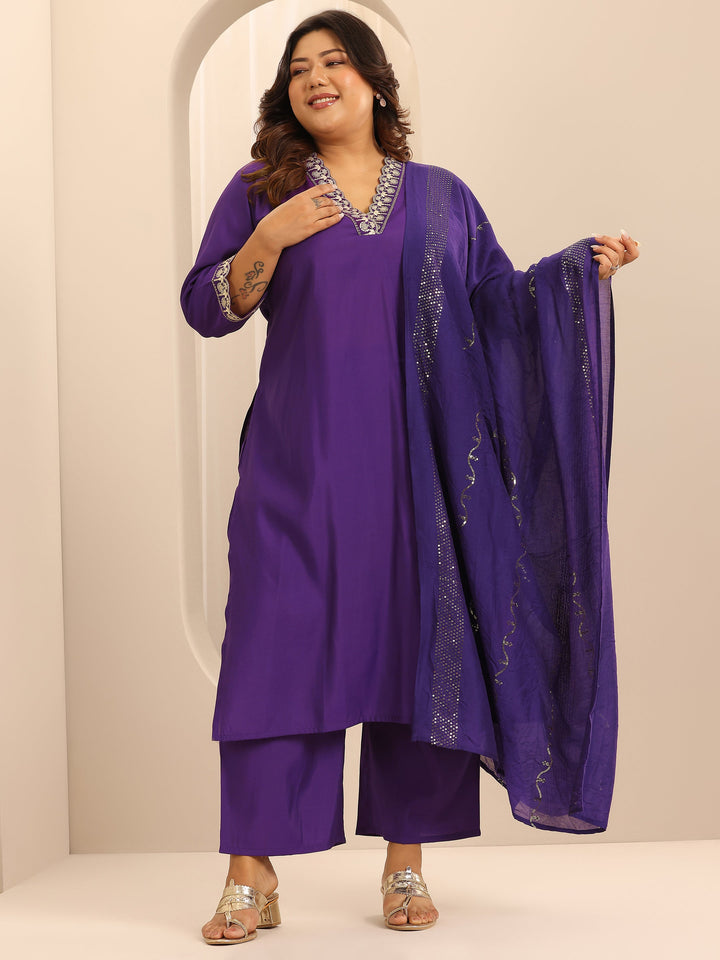 Plus Size Purple Embellished Silk Blend Straight Suit Set With Dupatta