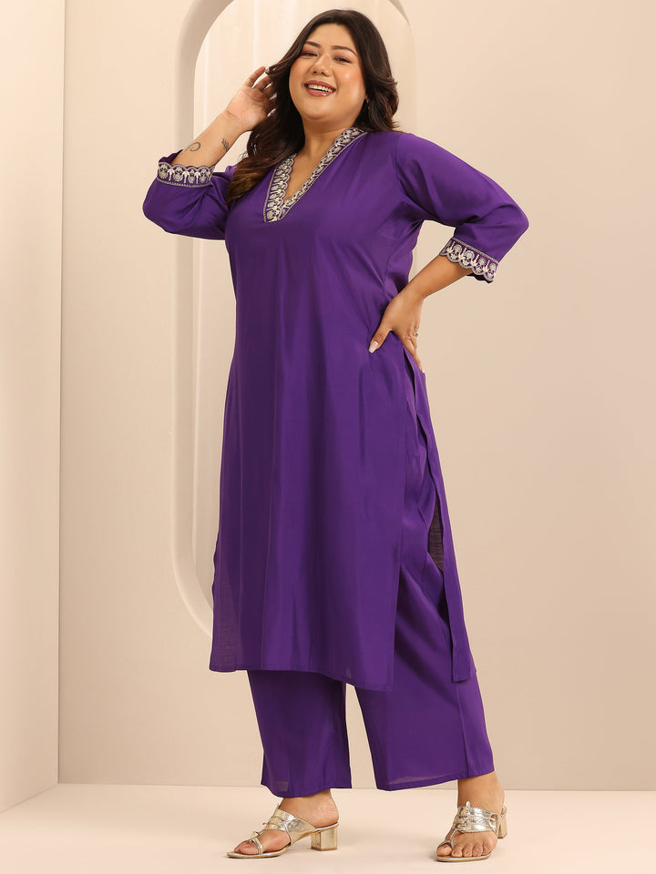 Plus Size Purple Embellished Silk Blend Straight Suit Set With Dupatta