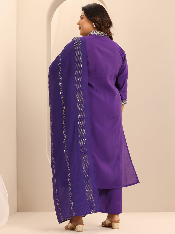 Plus Size Purple Embellished Silk Blend Straight Suit Set With Dupatta