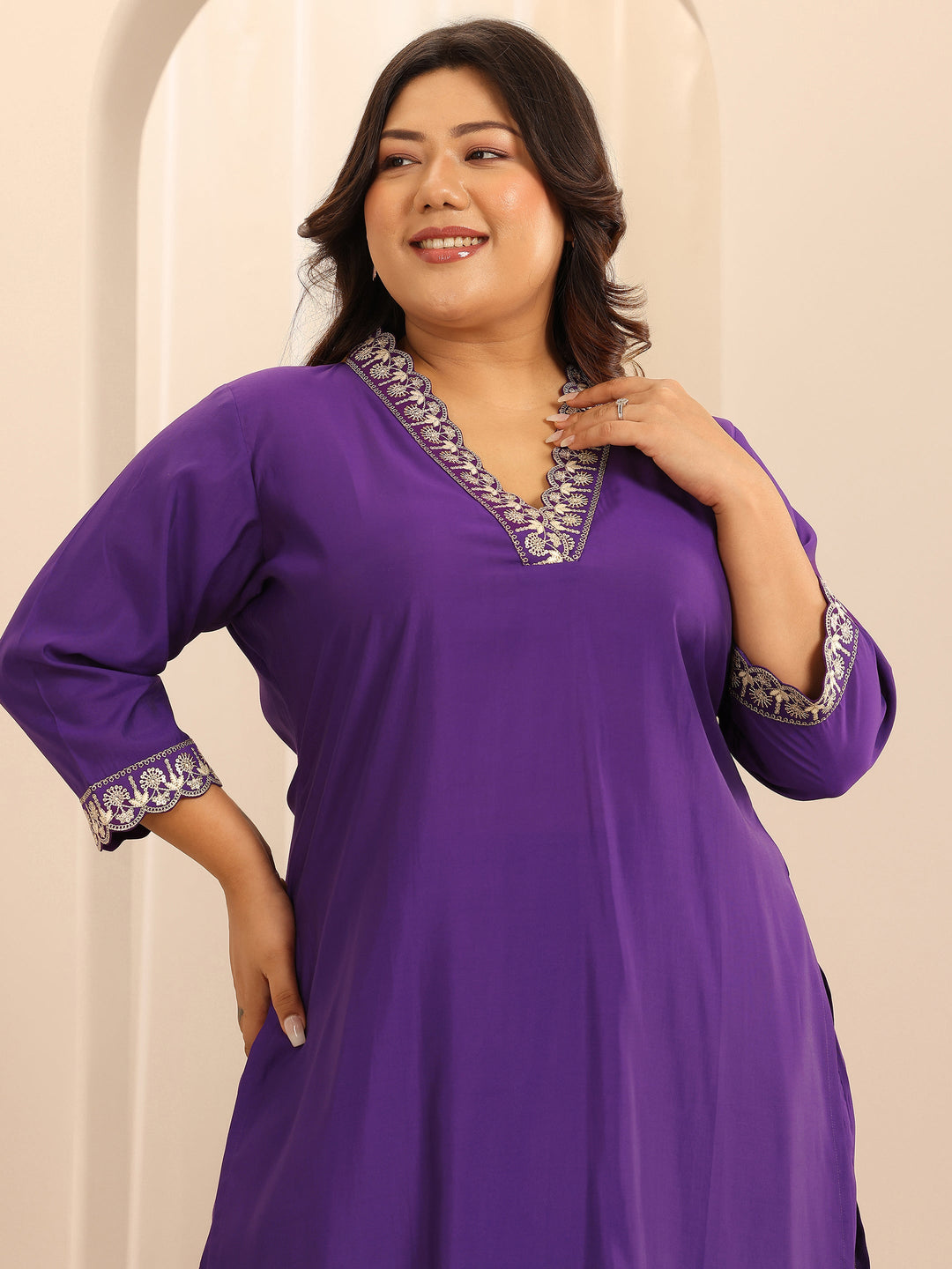 Plus Size Purple Embellished Silk Blend Straight Suit Set With Dupatta