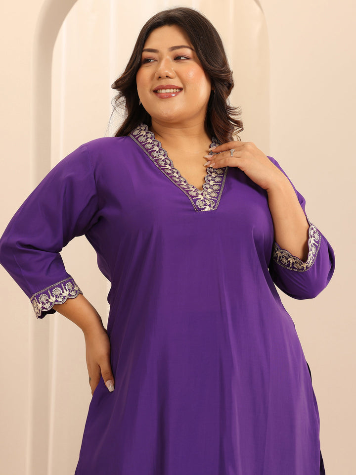 Plus Size Purple Embellished Silk Blend Straight Suit Set With Dupatta