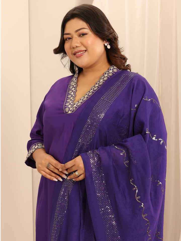 Plus Size Purple Embellished Silk Blend Straight Suit Set With Dupatta