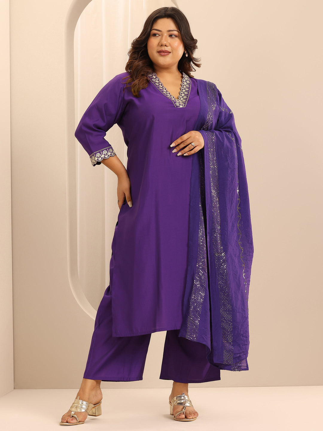 Plus Size Purple Embellished Silk Blend Straight Suit Set With Dupatta