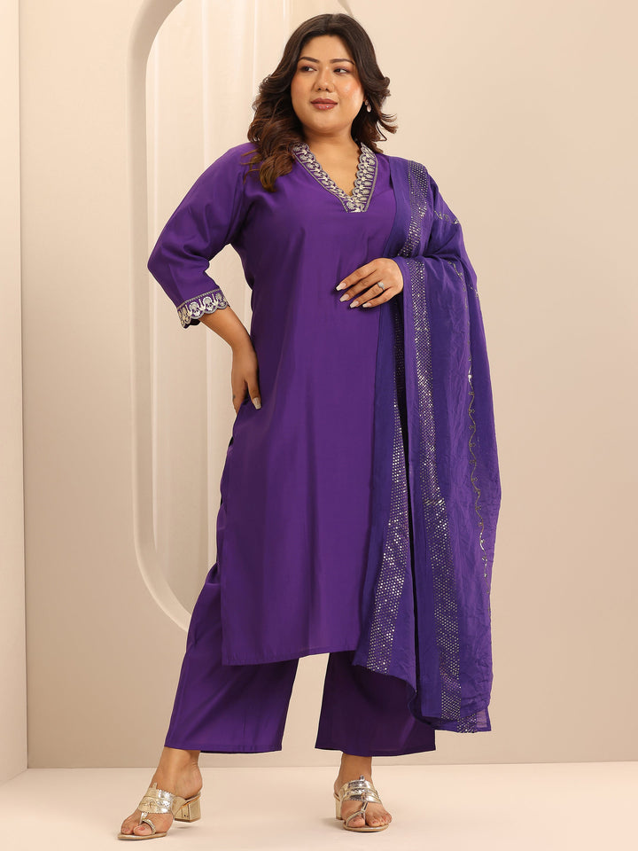 Plus Size Purple Embellished Silk Blend Straight Suit Set With Dupatta