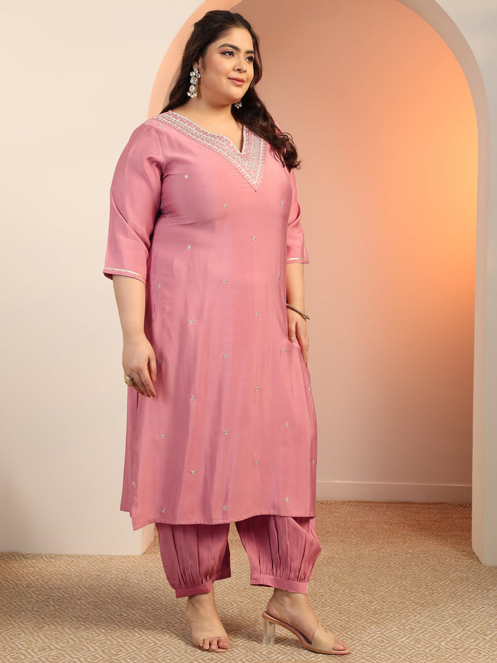 Plus Size Mauve Embroidered Silk blend Straight Suit Set With Dupatta