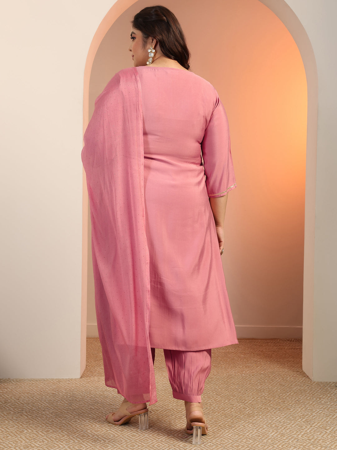 Plus Size Mauve Embroidered Silk blend Straight Suit Set With Dupatta