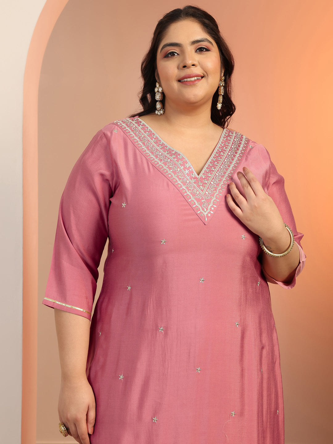 Plus Size Mauve Embroidered Silk blend Straight Suit Set With Dupatta