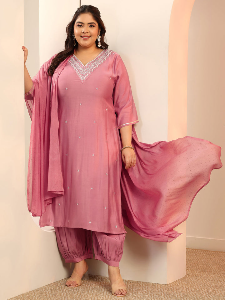 Plus Size Mauve Embroidered Silk blend Straight Suit Set With Dupatta