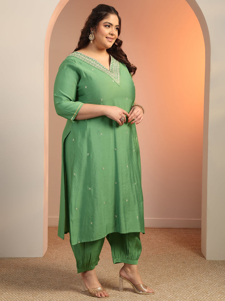 Plus Size Green Embroidered Silk Blend Straight Suit Set With Dupatta