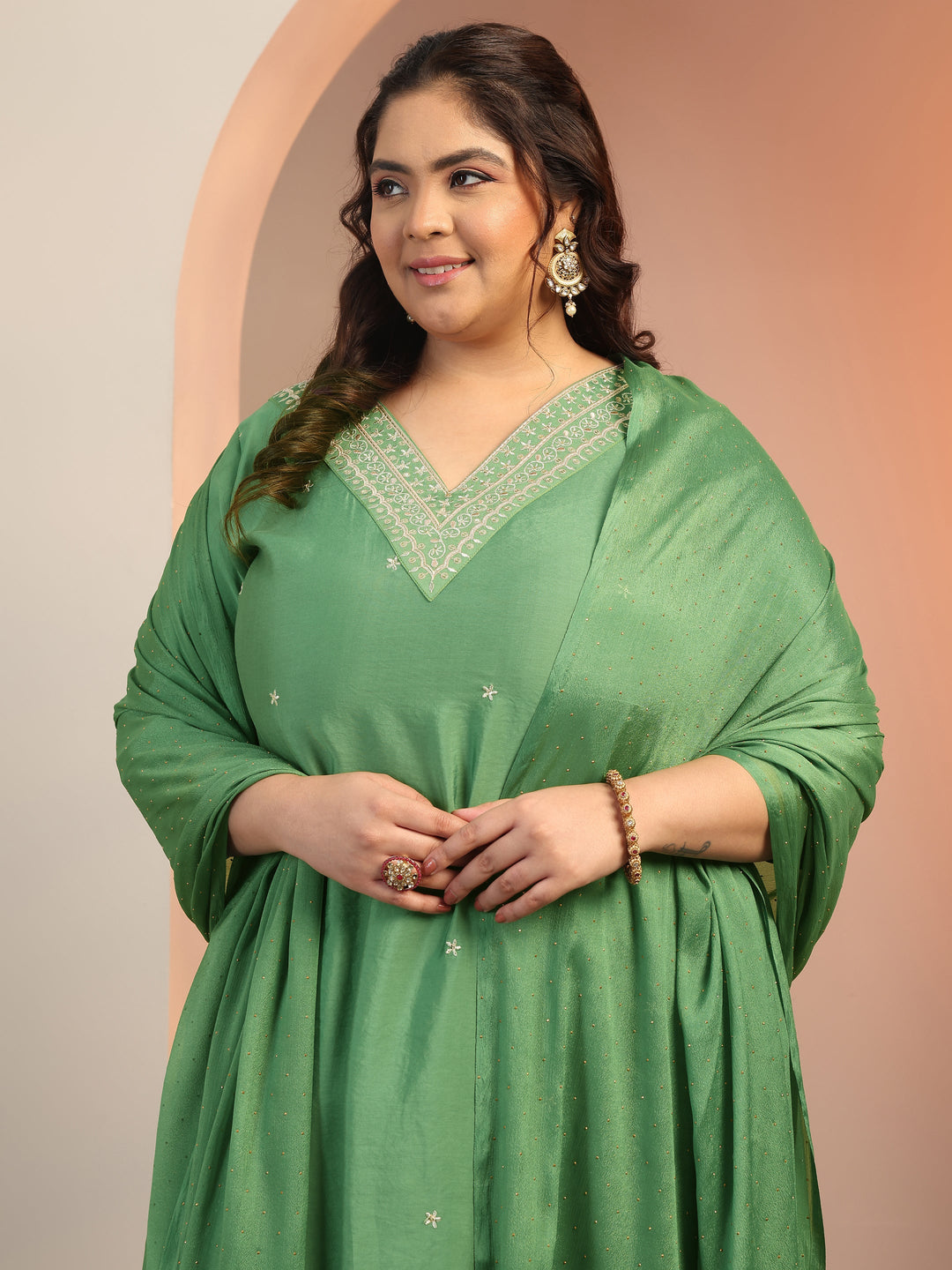 Plus Size Green Embroidered Silk Blend Straight Suit Set With Dupatta