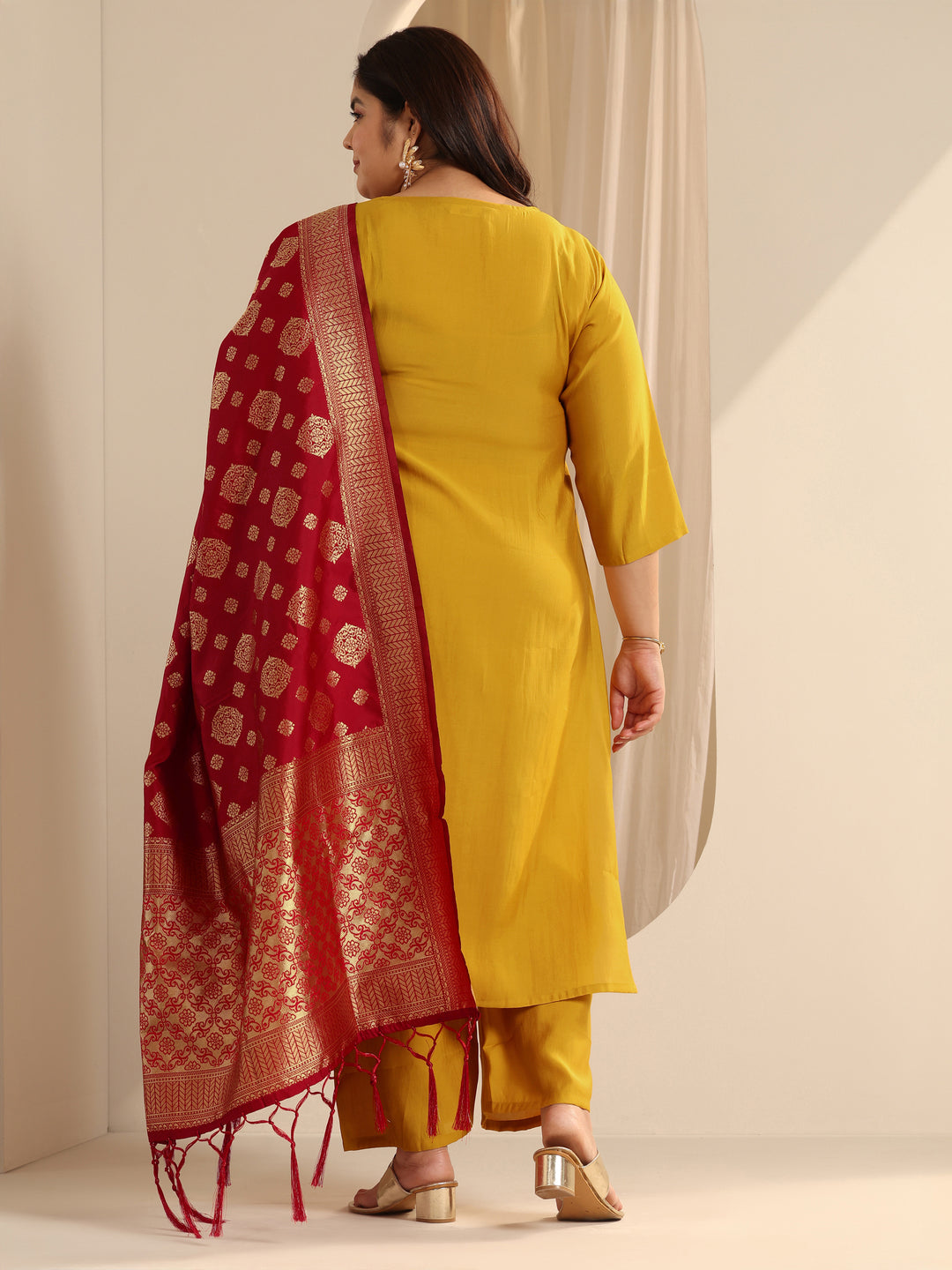 Plus Size Mustard Embroidered Silk blend Straight Suit Set With Dupatta