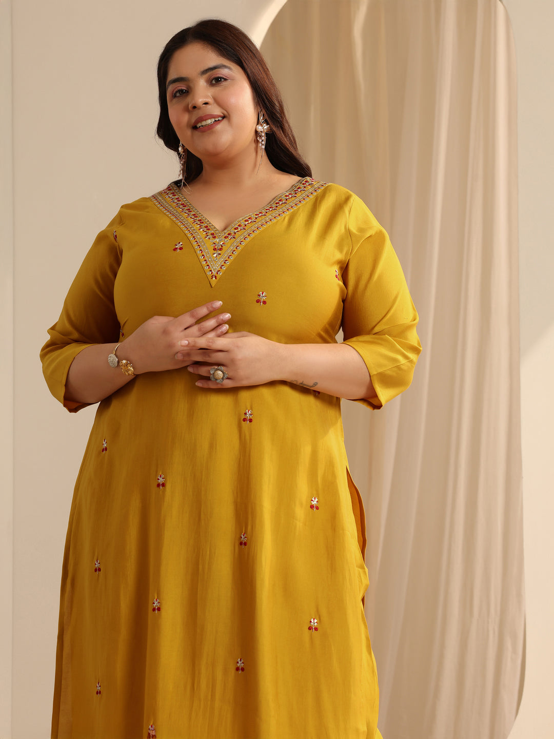 Plus Size Mustard Embroidered Silk blend Straight Suit Set With Dupatta