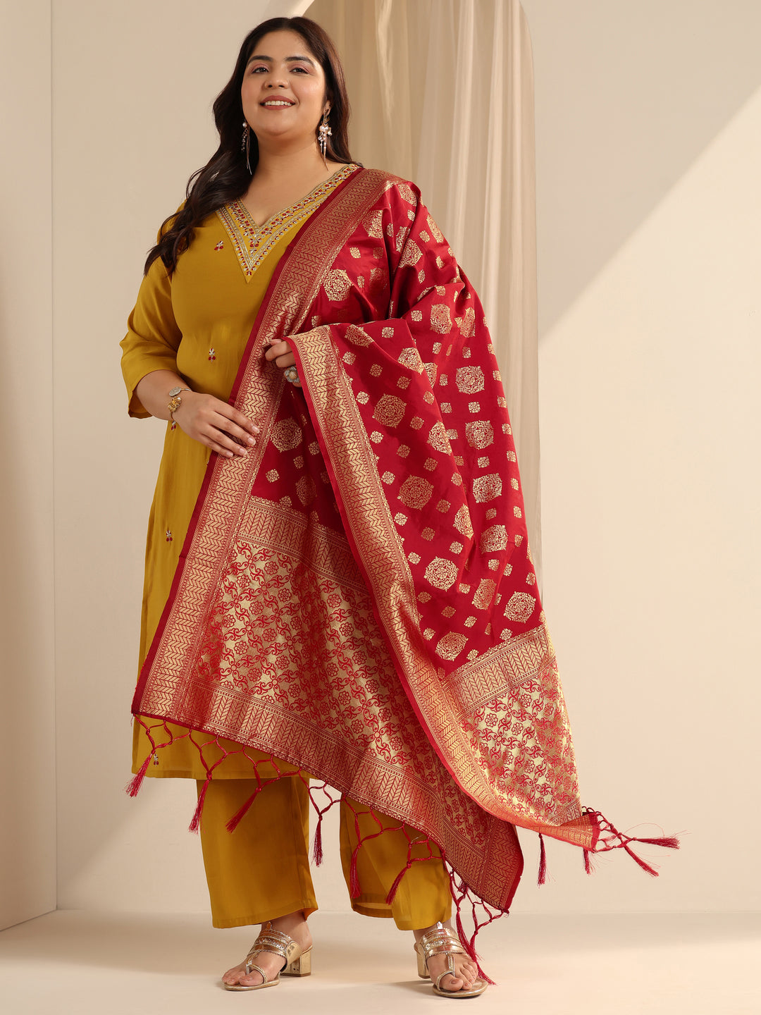 Plus Size Mustard Embroidered Silk blend Straight Suit Set With Dupatta