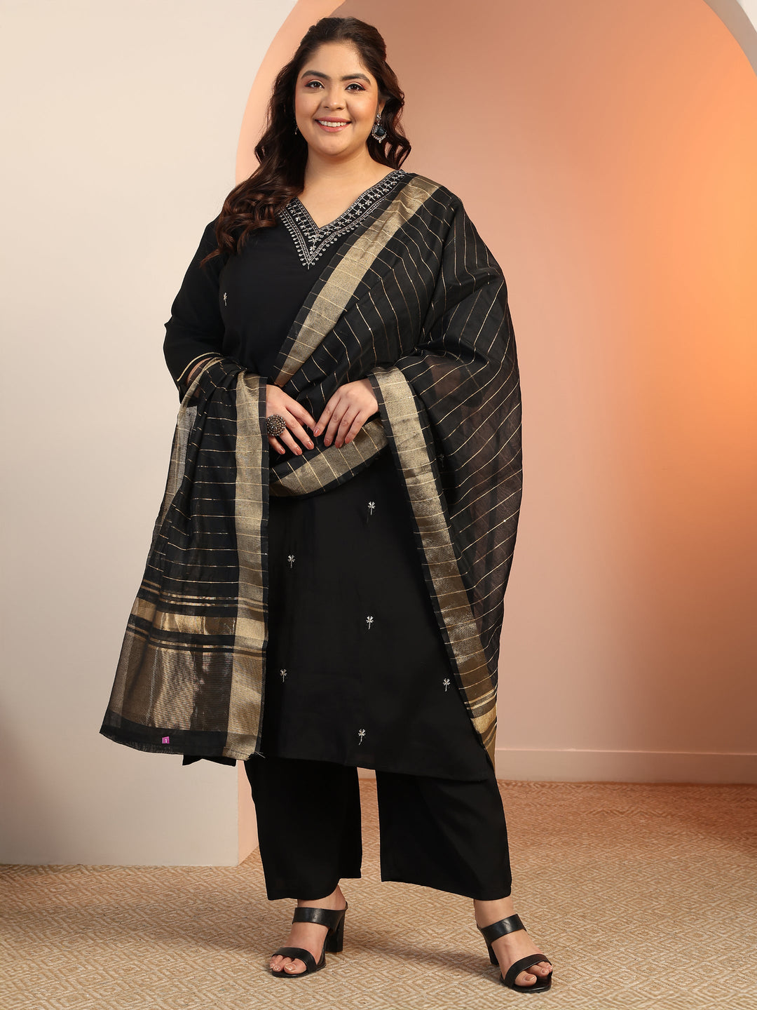 Plus Size Black Embroidered Silk Blend Straight Suit Set With Dupatta