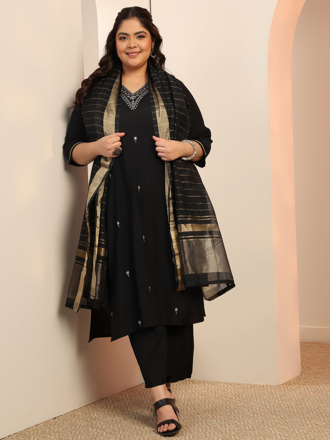 Plus Size Black Embroidered Silk Blend Straight Suit Set With Dupatta