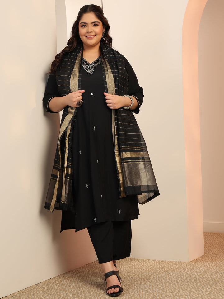 Plus Size Black Embroidered Silk Blend Straight Suit Set With Dupatta