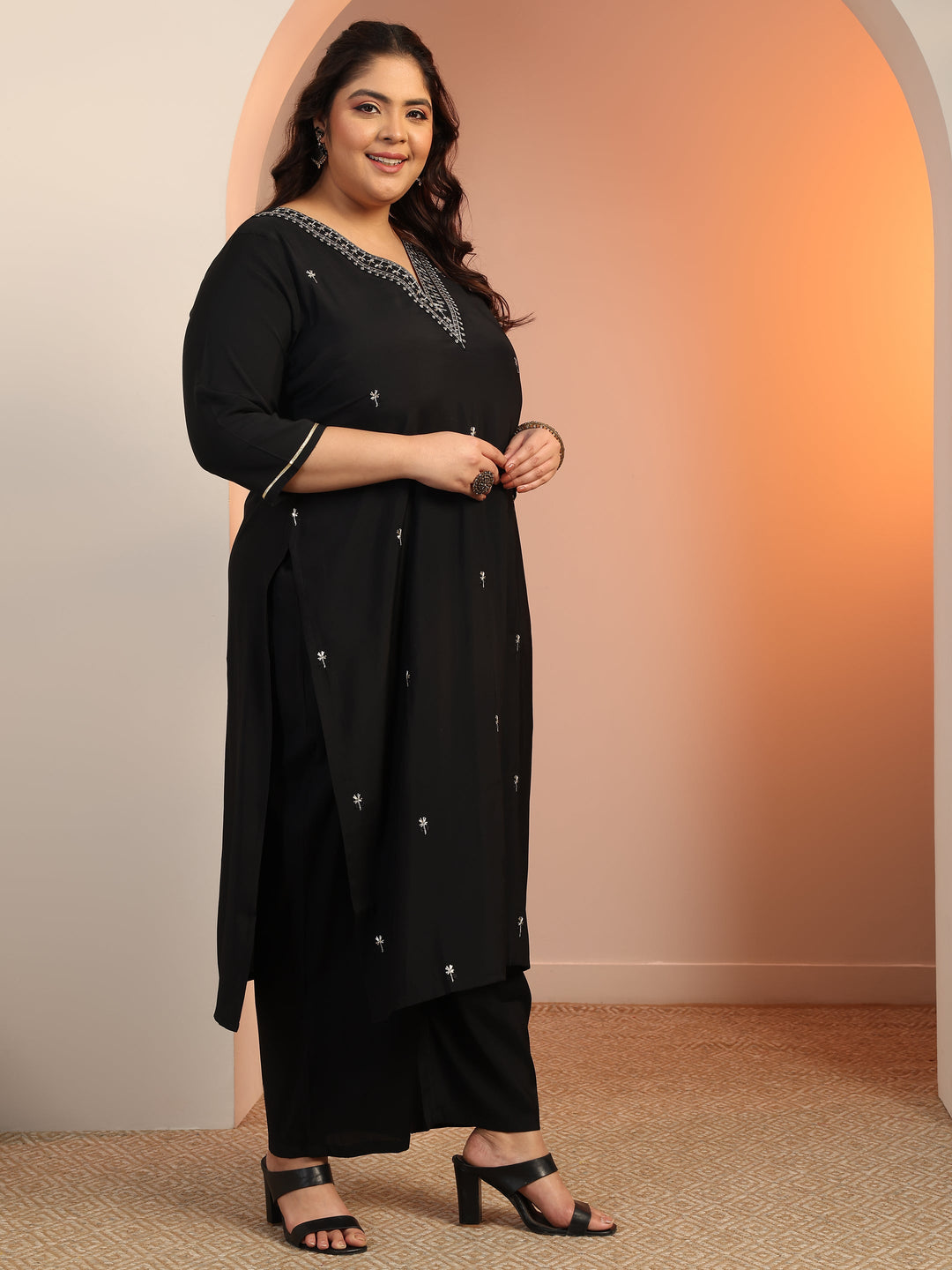Plus Size Black Embroidered Silk Blend Straight Suit Set With Dupatta
