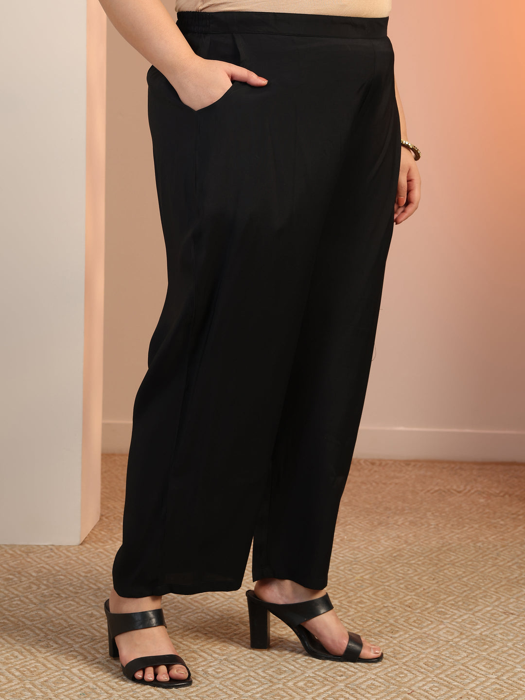 Plus Size Black Embroidered Silk Blend Straight Suit Set With Dupatta