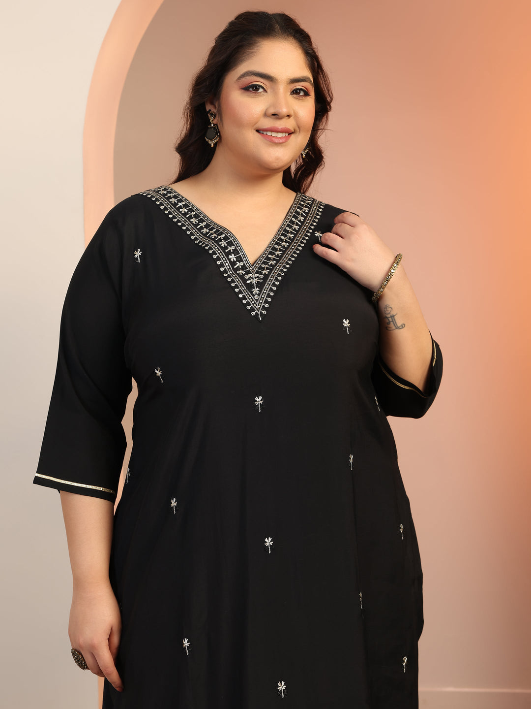 Plus Size Black Embroidered Silk Blend Straight Suit Set With Dupatta