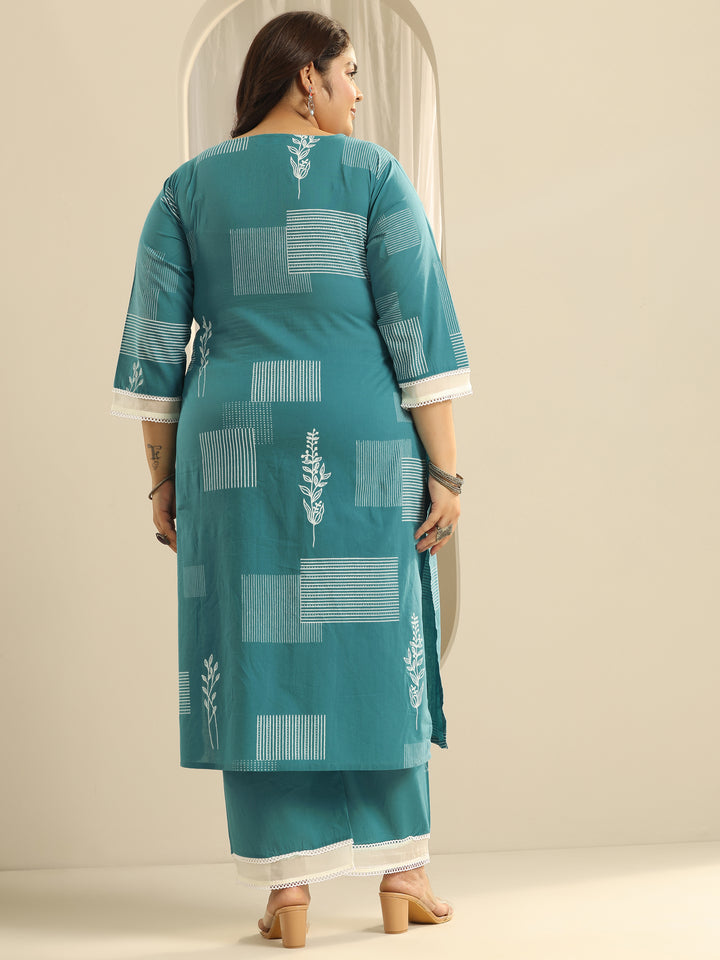 Plus Size Blue Printed Cotton Straight Kurta Set