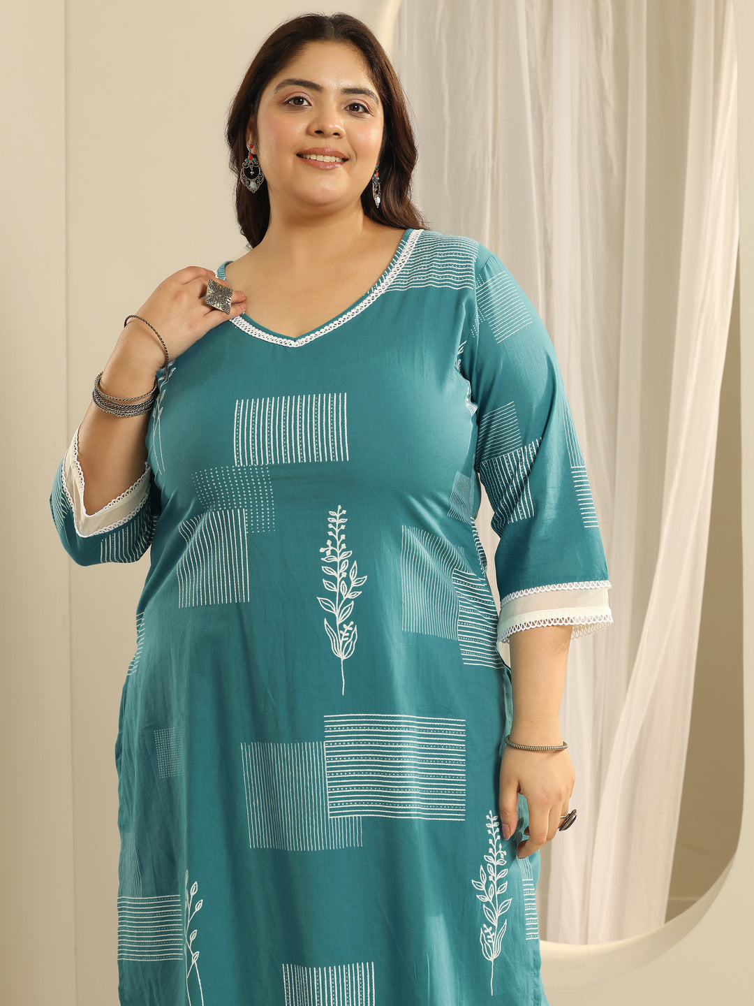 Plus Size Blue Printed Cotton Straight Kurta Set