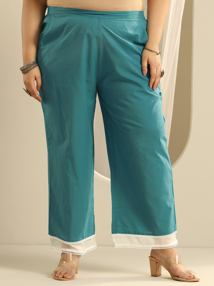 Plus Size Blue Printed Cotton Straight Kurta Set