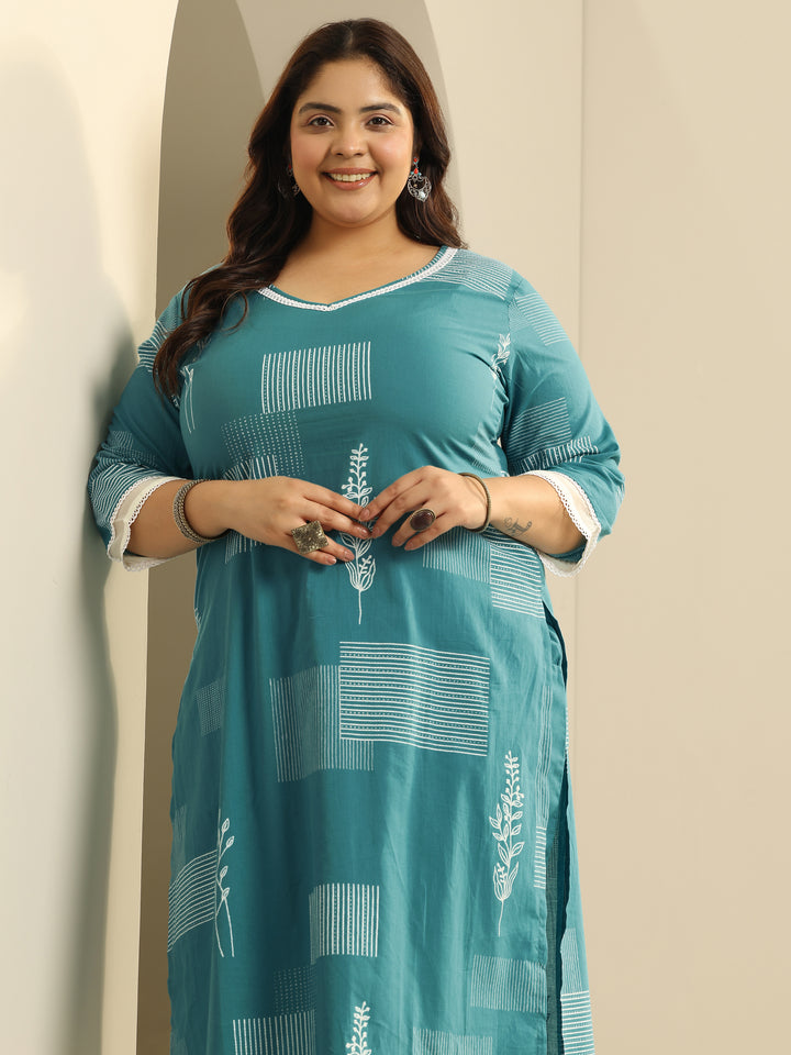 Plus Size Blue Printed Cotton Straight Kurta Set