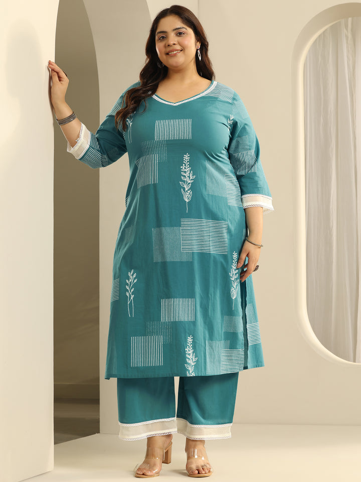Plus Size Blue Printed Cotton Straight Kurta Set