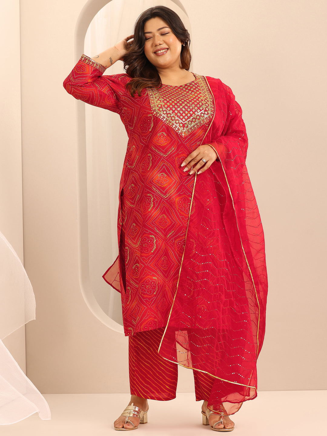 Plus Size Red Printed Silk Blend Straight Suit Set With Dupatta