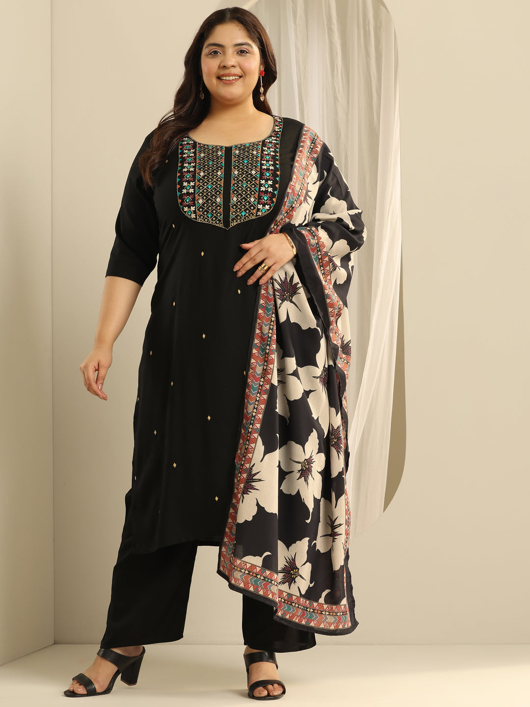 Plus Size Black Embroidered Viscose Straight Suit Set With Dupatta
