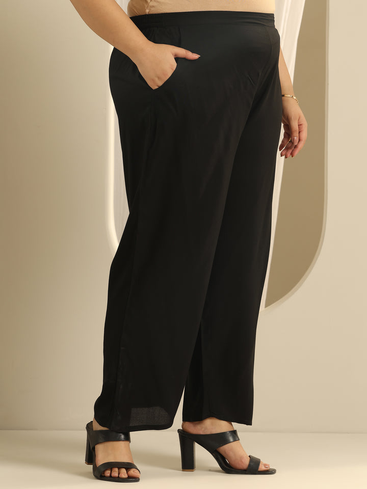 Plus Size Black Embroidered Viscose Straight Suit Set With Dupatta