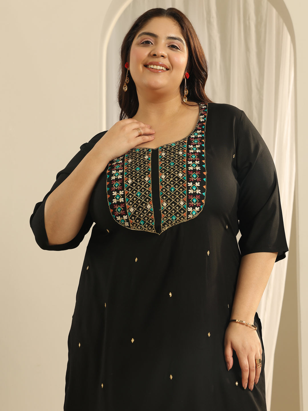 Plus Size Black Embroidered Viscose Straight Suit Set With Dupatta