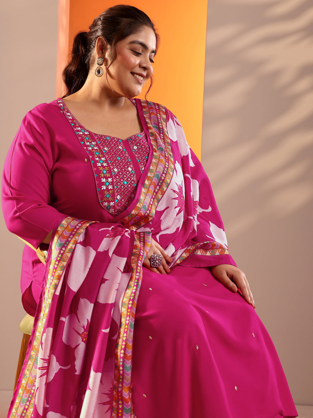 Plus Size Pink Embroidered Viscose Straight Suit Set With Dupatta