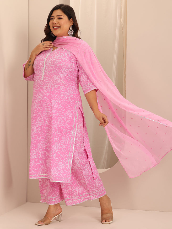 Plus Size Pink Printed Cotton Straight Suit Set With Dupatta