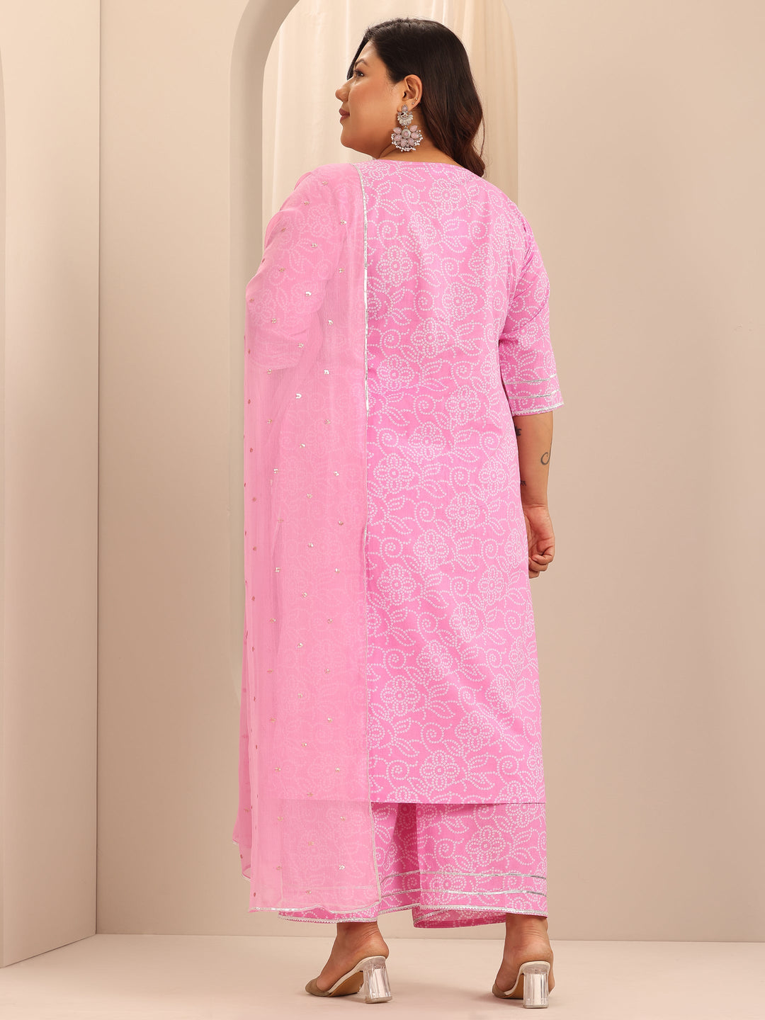 Plus Size Pink Printed Cotton Straight Suit Set With Dupatta
