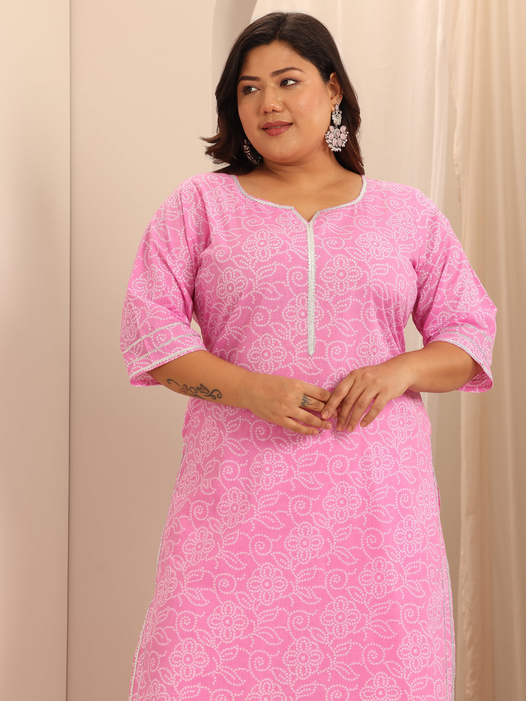 Plus Size Pink Printed Cotton Straight Suit Set With Dupatta