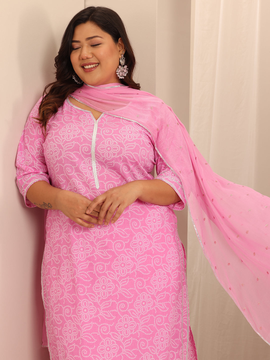 Plus Size Pink Printed Cotton Straight Suit Set With Dupatta