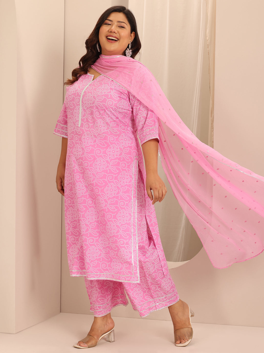 Plus Size Pink Printed Cotton Straight Suit Set With Dupatta