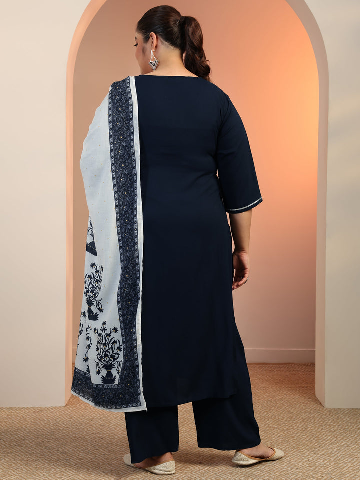 Plus Size Navy blue Yoke Design Viscose Straight Suit Set With Dupatta
