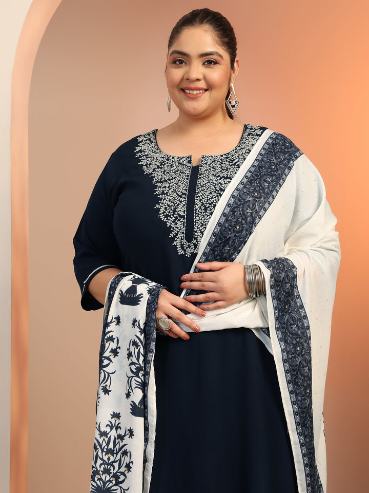 Plus Size Navy blue Yoke Design Viscose Straight Suit Set With Dupatta