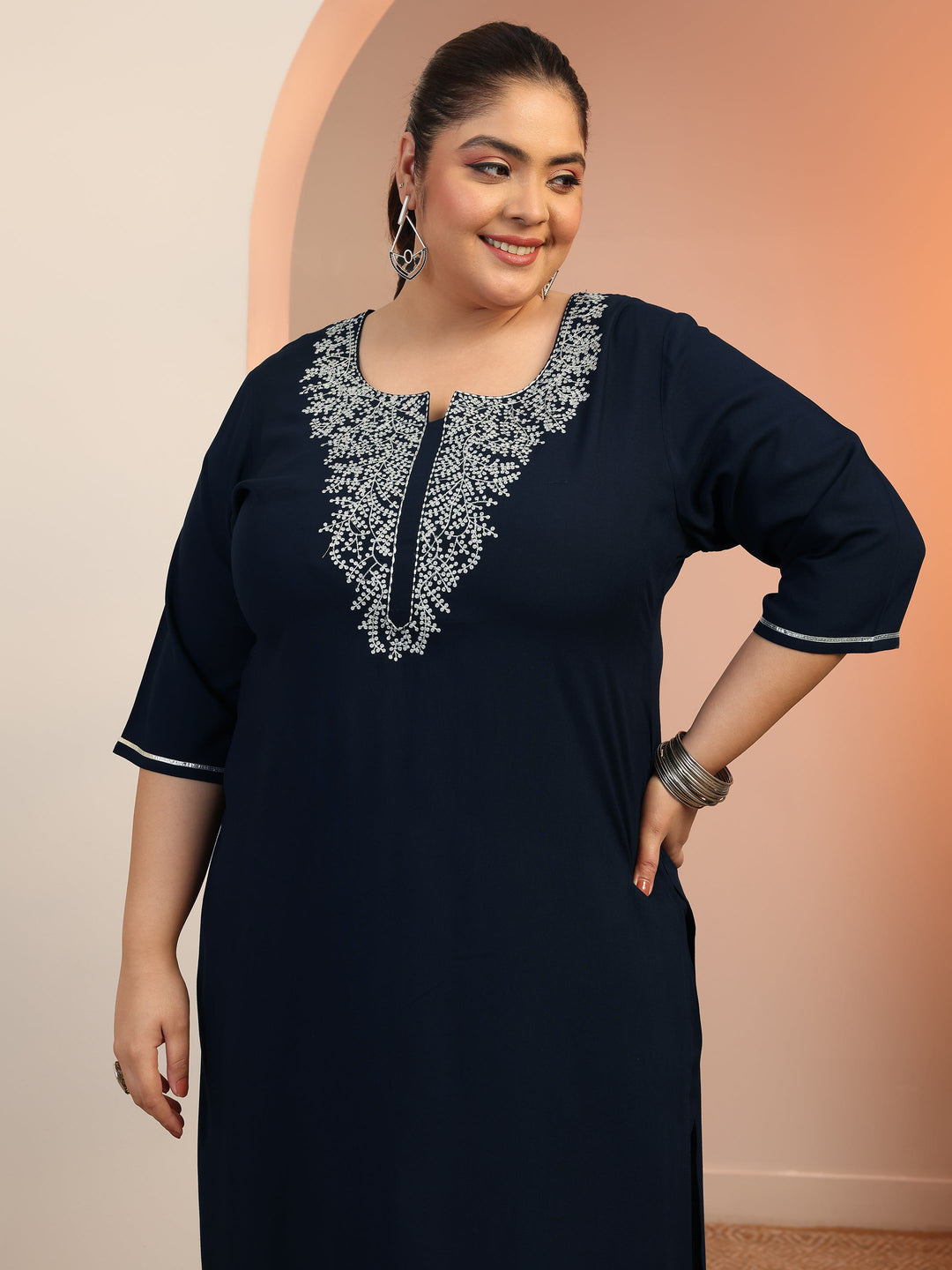 Plus Size Navy blue Yoke Design Viscose Straight Suit Set With Dupatta