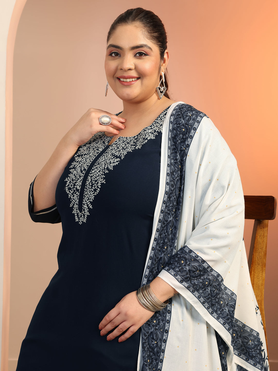 Plus Size Navy blue Yoke Design Viscose Straight Suit Set With Dupatta