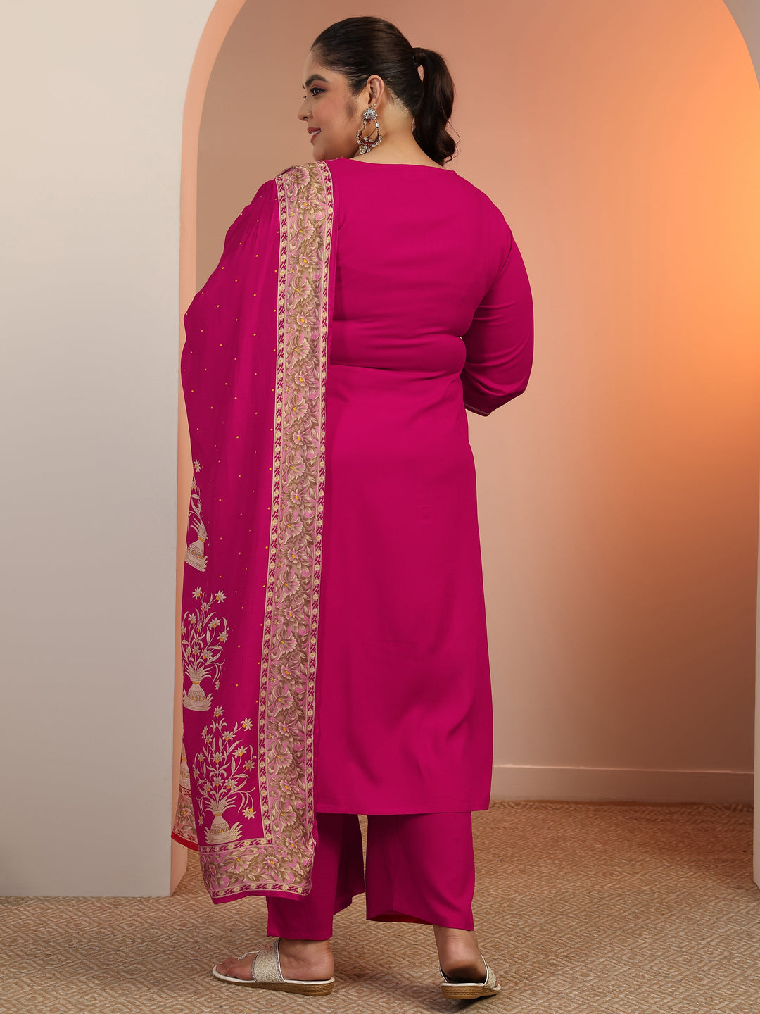 Plus Size Pink Yoke Design Viscose Straight Suit Set With Dupatta