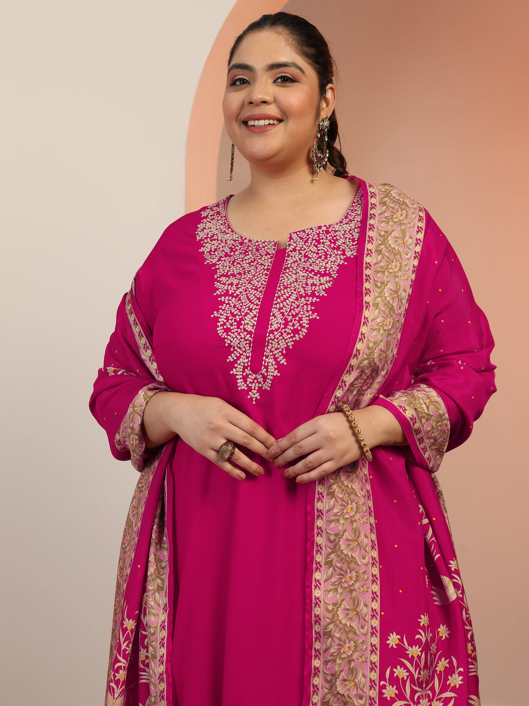 Plus Size Pink Yoke Design Viscose Straight Suit Set With Dupatta