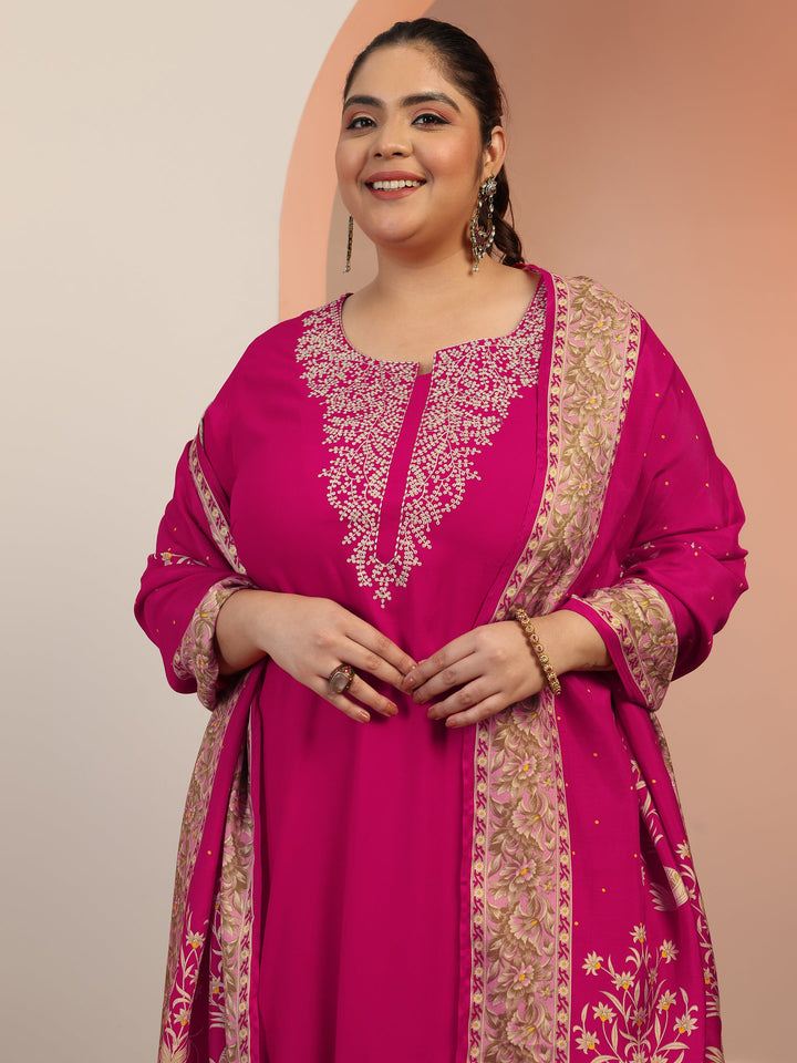 Plus Size Pink Yoke Design Viscose Straight Suit Set With Dupatta