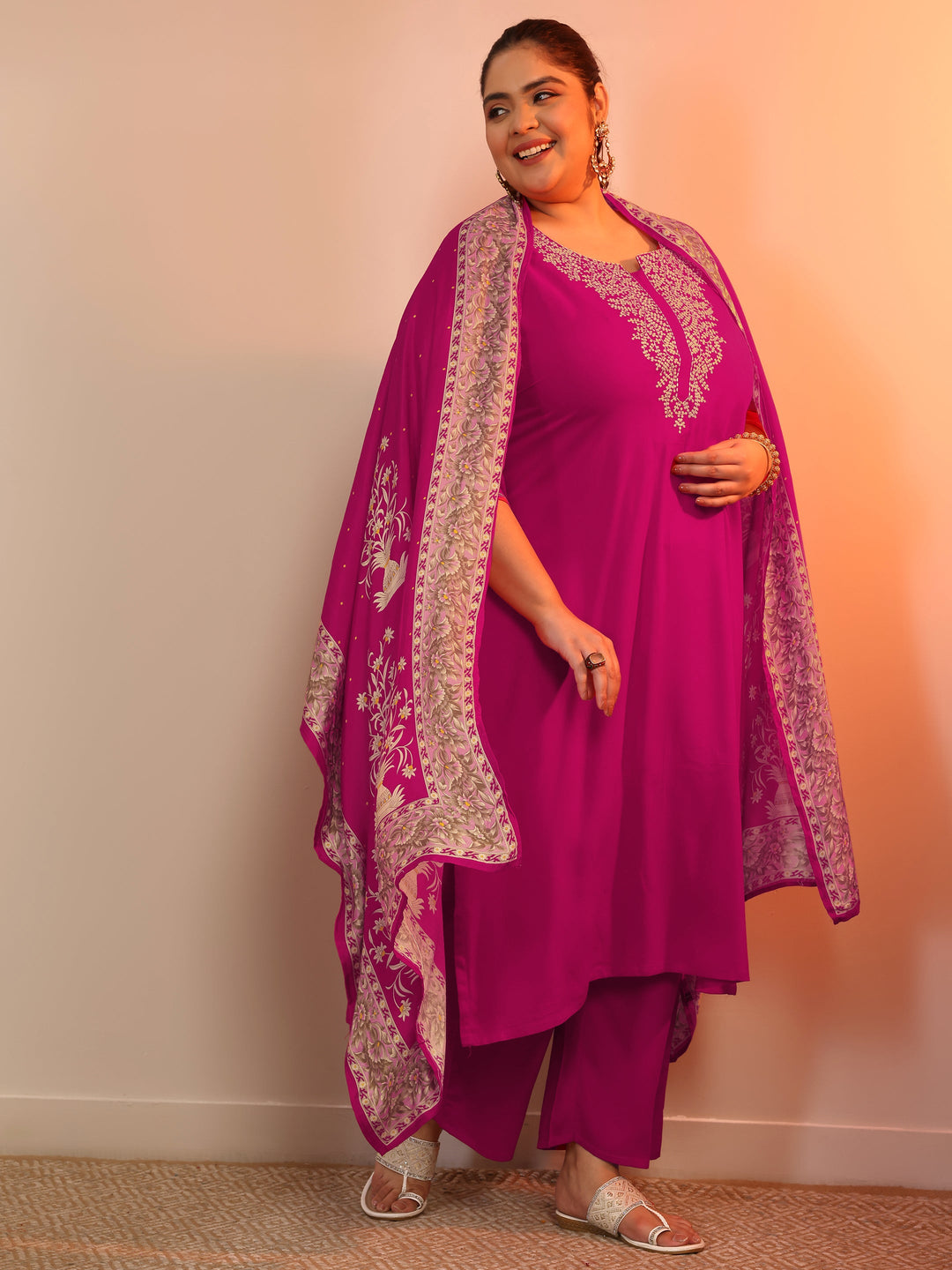 Plus Size Pink Yoke Design Viscose Straight Suit Set With Dupatta