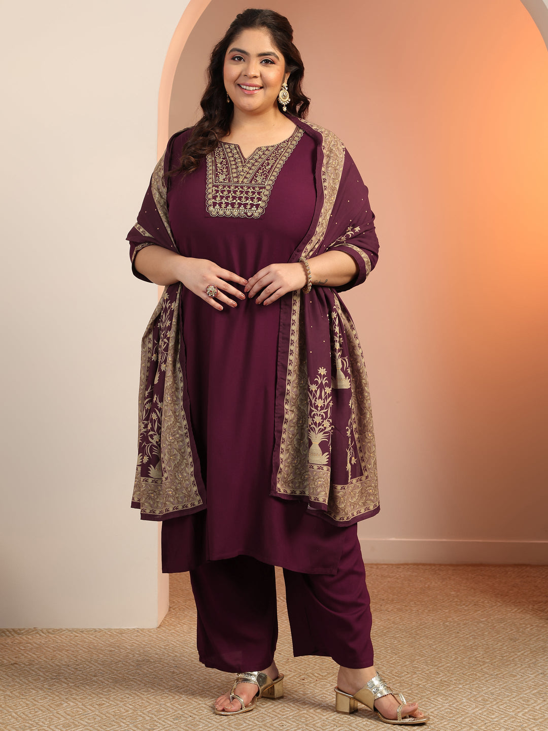 Plus Size Wine Yoke Design Viscose Straight Suit Set With Dupatta
