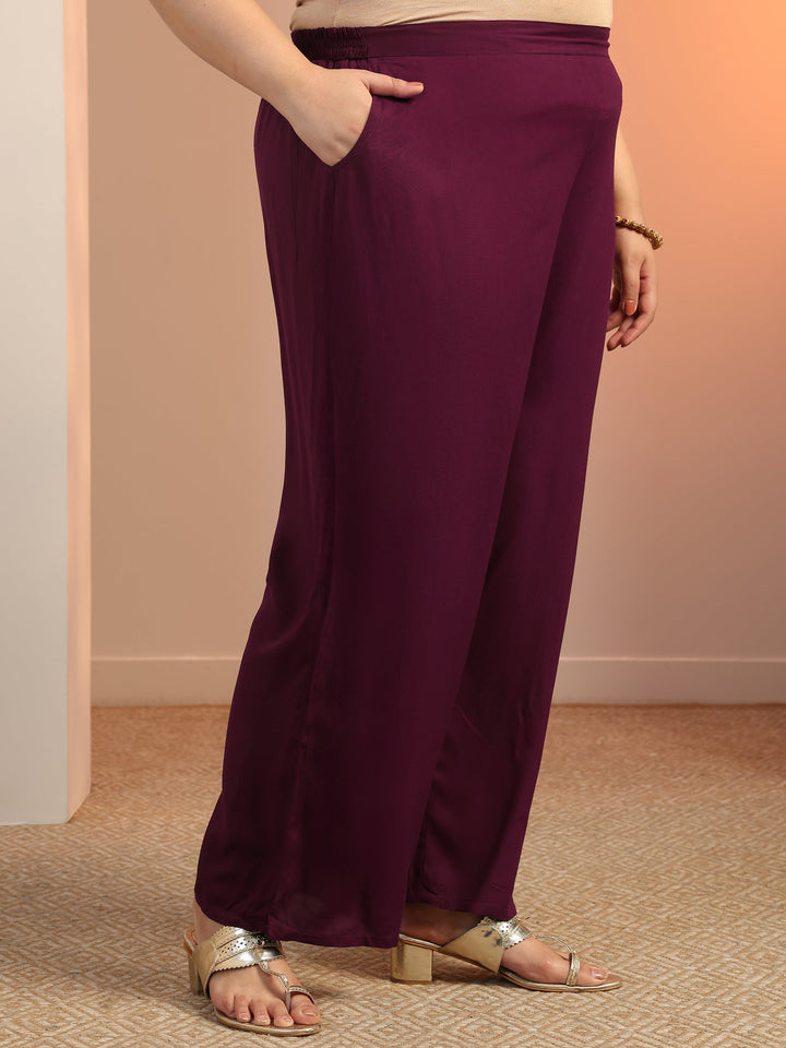 Plus Size Wine Yoke Design Viscose Straight Suit Set With Dupatta