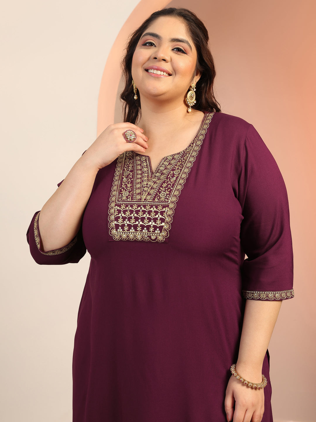 Plus Size Wine Yoke Design Viscose Straight Suit Set With Dupatta