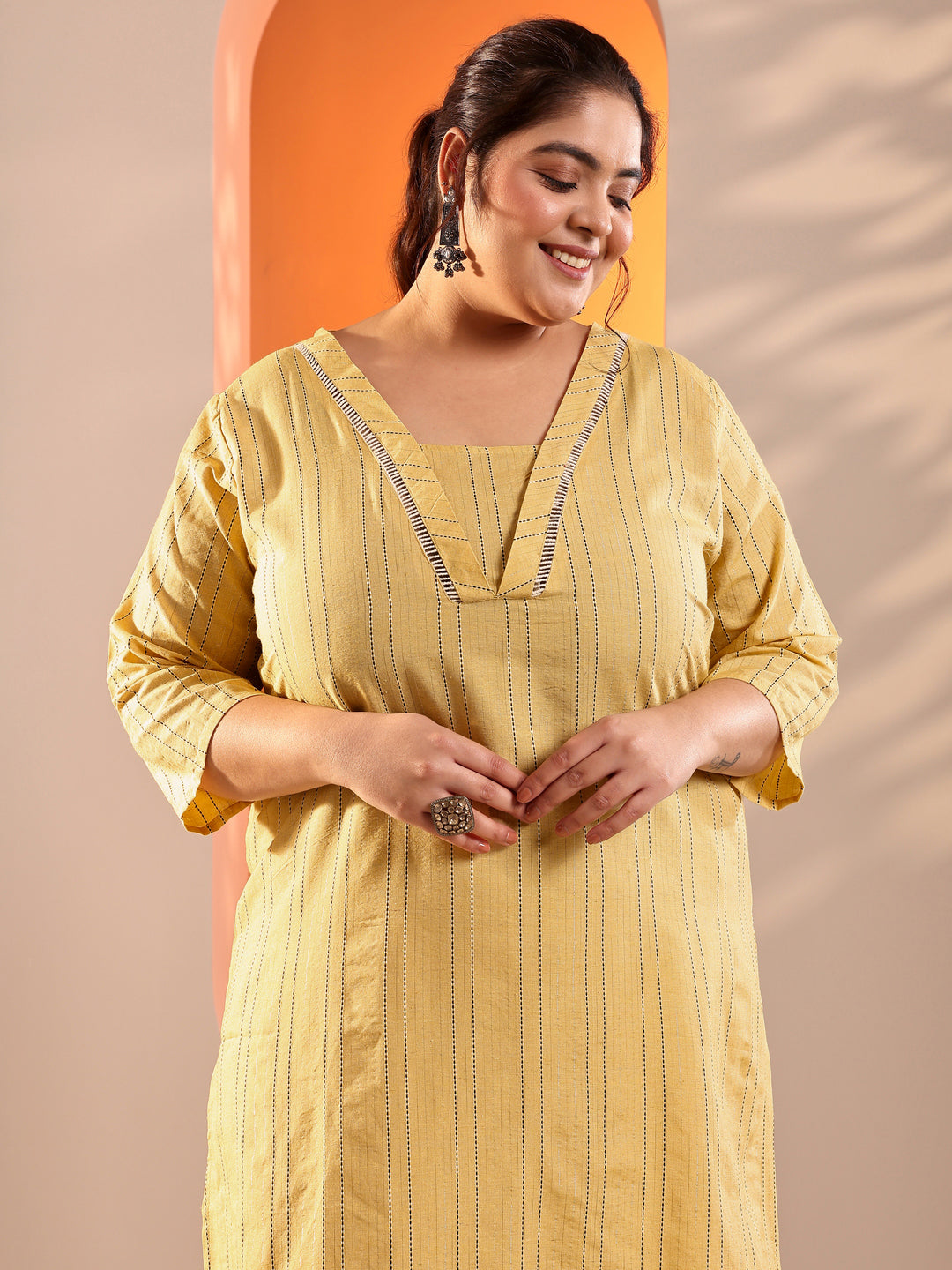Plus Size Yellow Woven Design Cotton Blend Straight Suit Set With Dupatta
